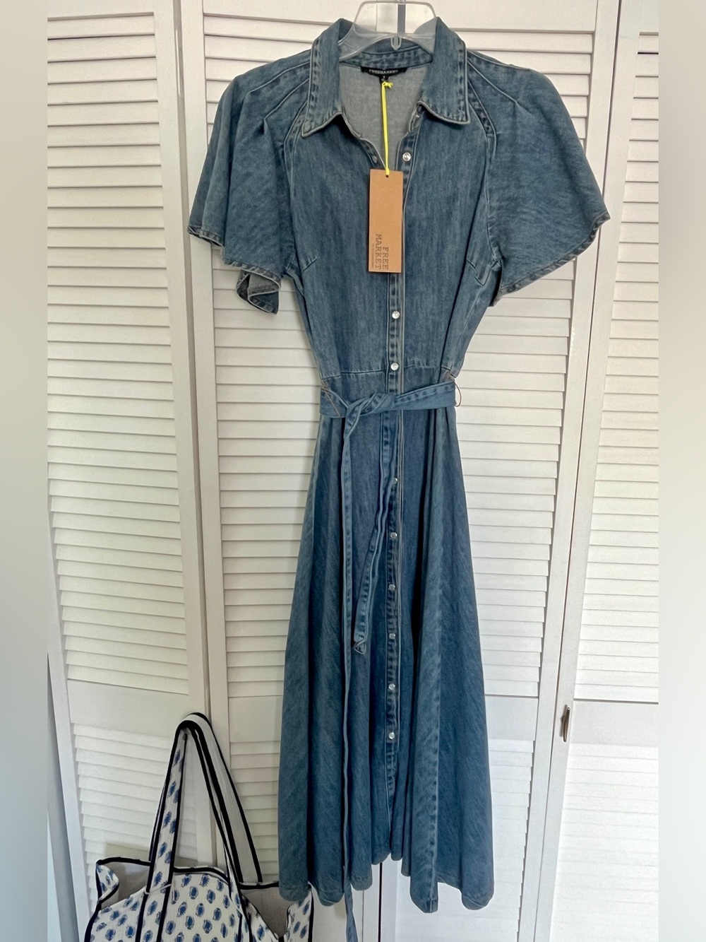 Button-Front Denim Maxi Dress ruffle sleeves